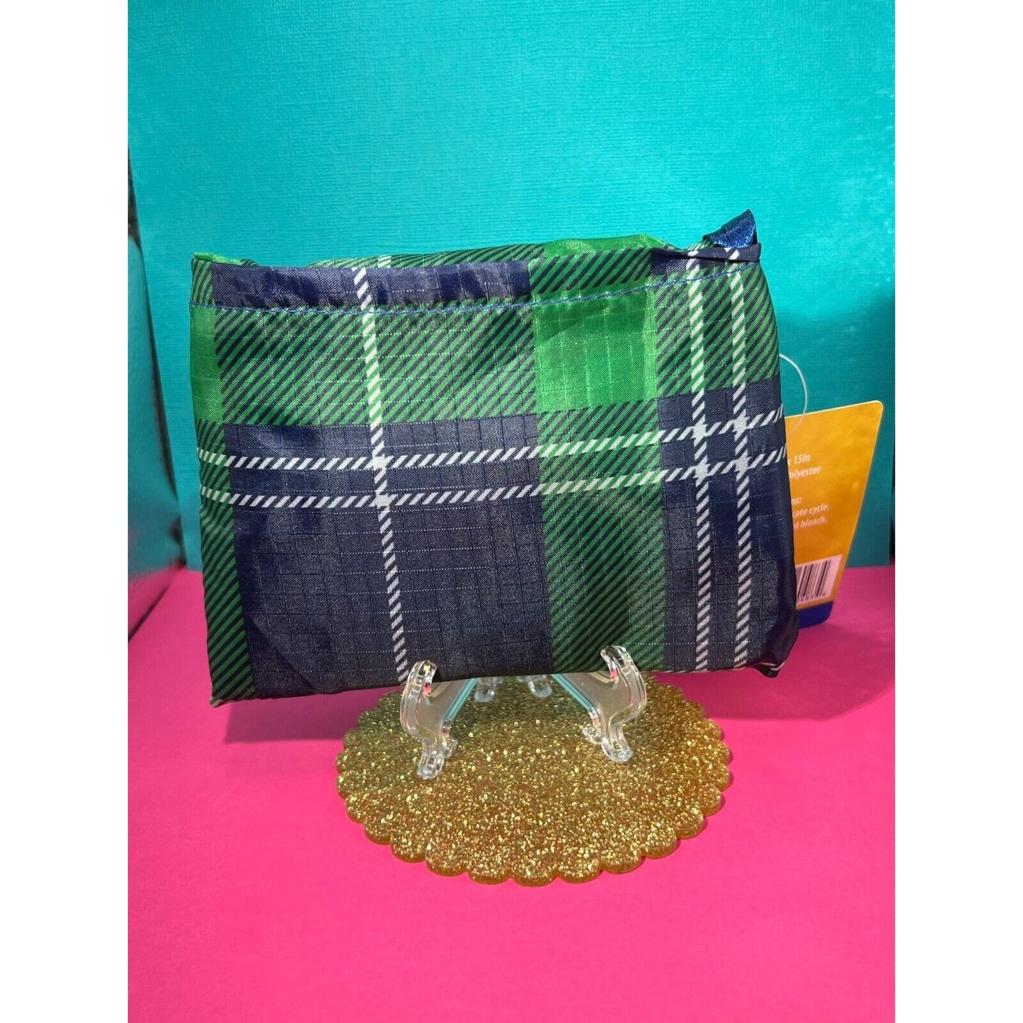 Reusable Collapsible Shopping Bag Blue and Green Tartan