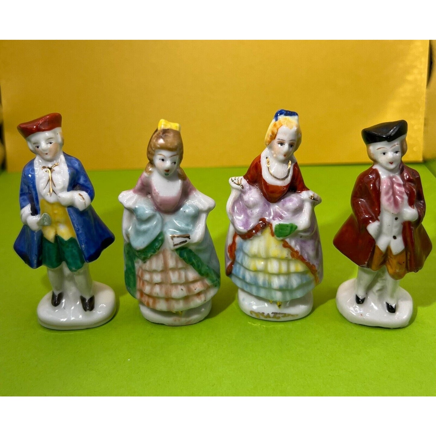 4 piece Woman & Gentleman Miniature Porcelain Victorian Figurines Occupied Japan