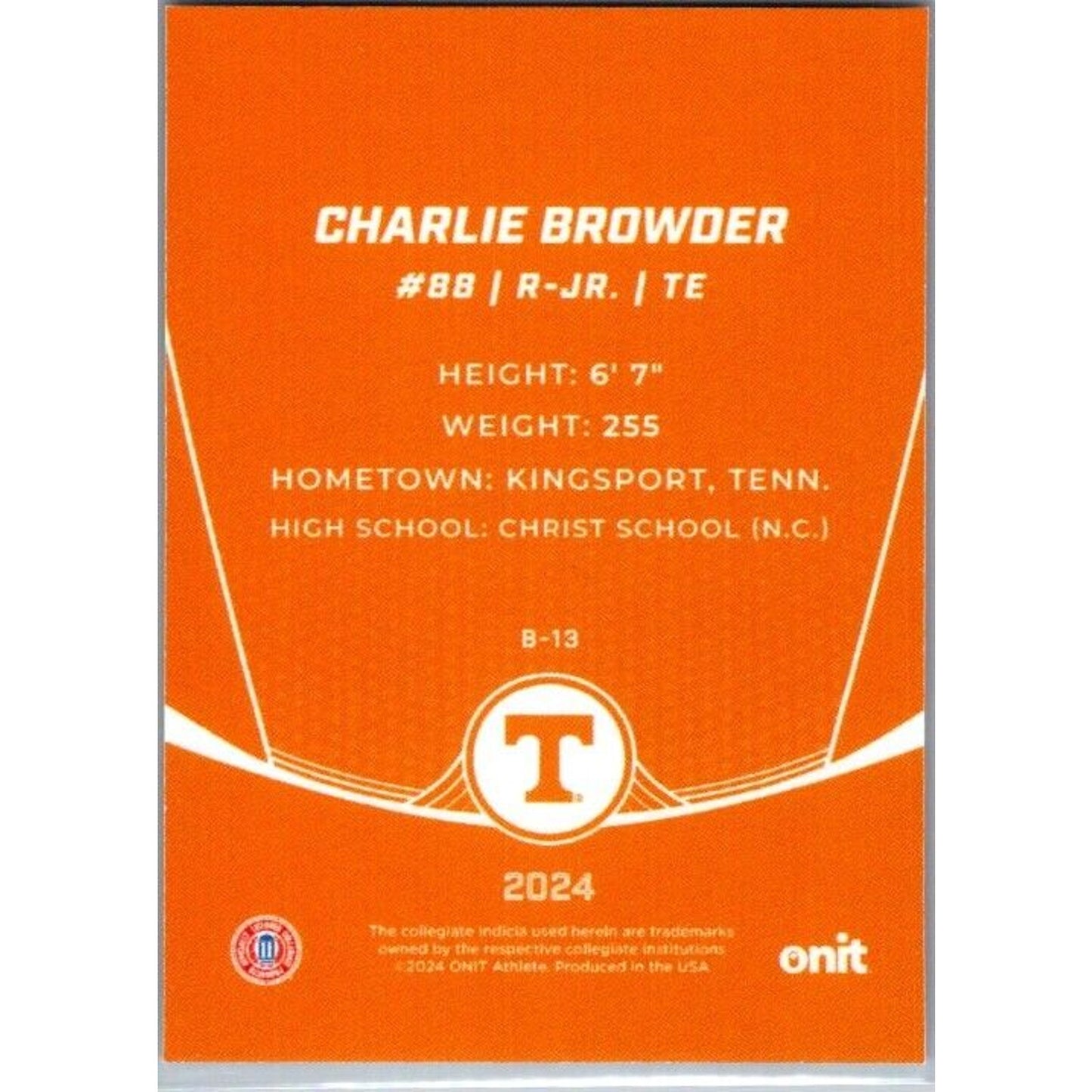 2024 Onit Football #B-13 Charlie Browder Tennessee Volunteers