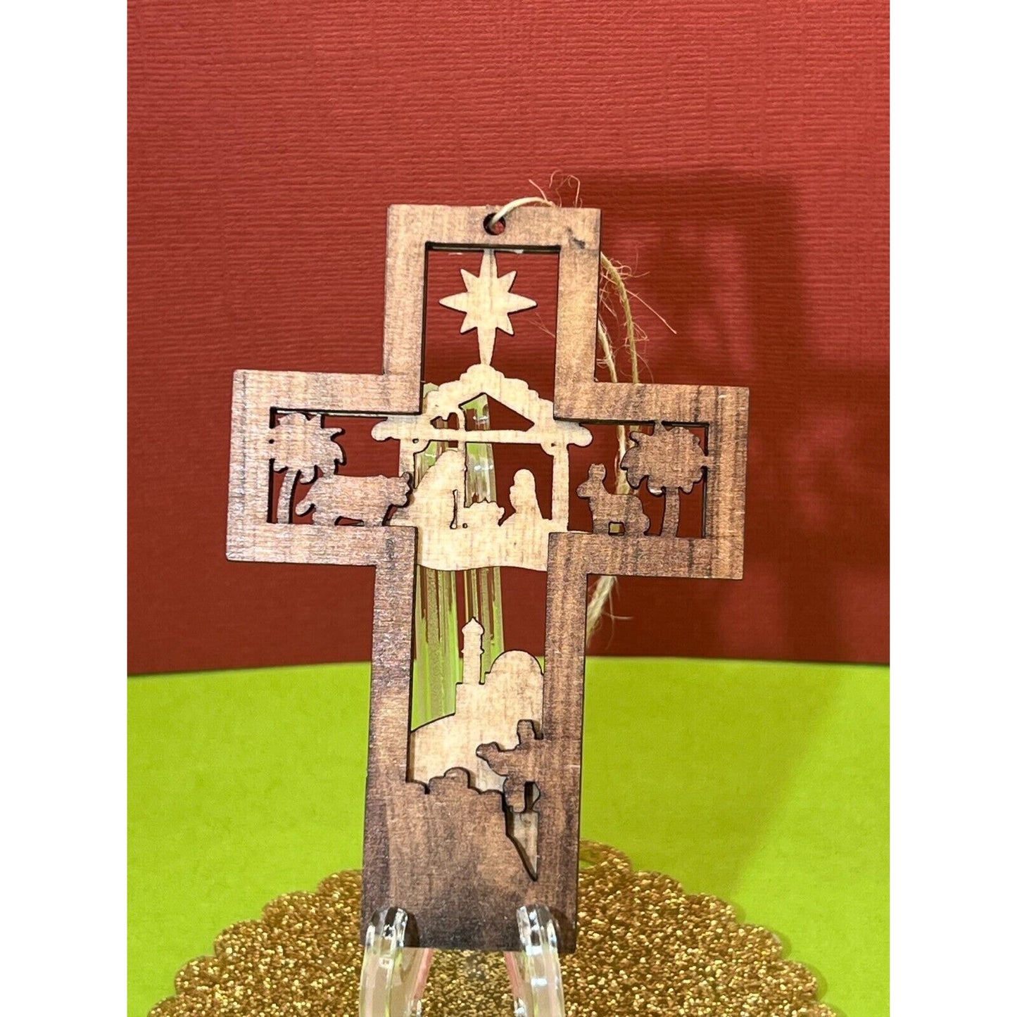 Wooden Nativity Christmas Hanging Cross Ornament AC1589