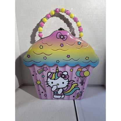 NEW Hello Kitty Unicorn Multicolor Metal Tin Cupcake Shaped Purse / Lunch Box