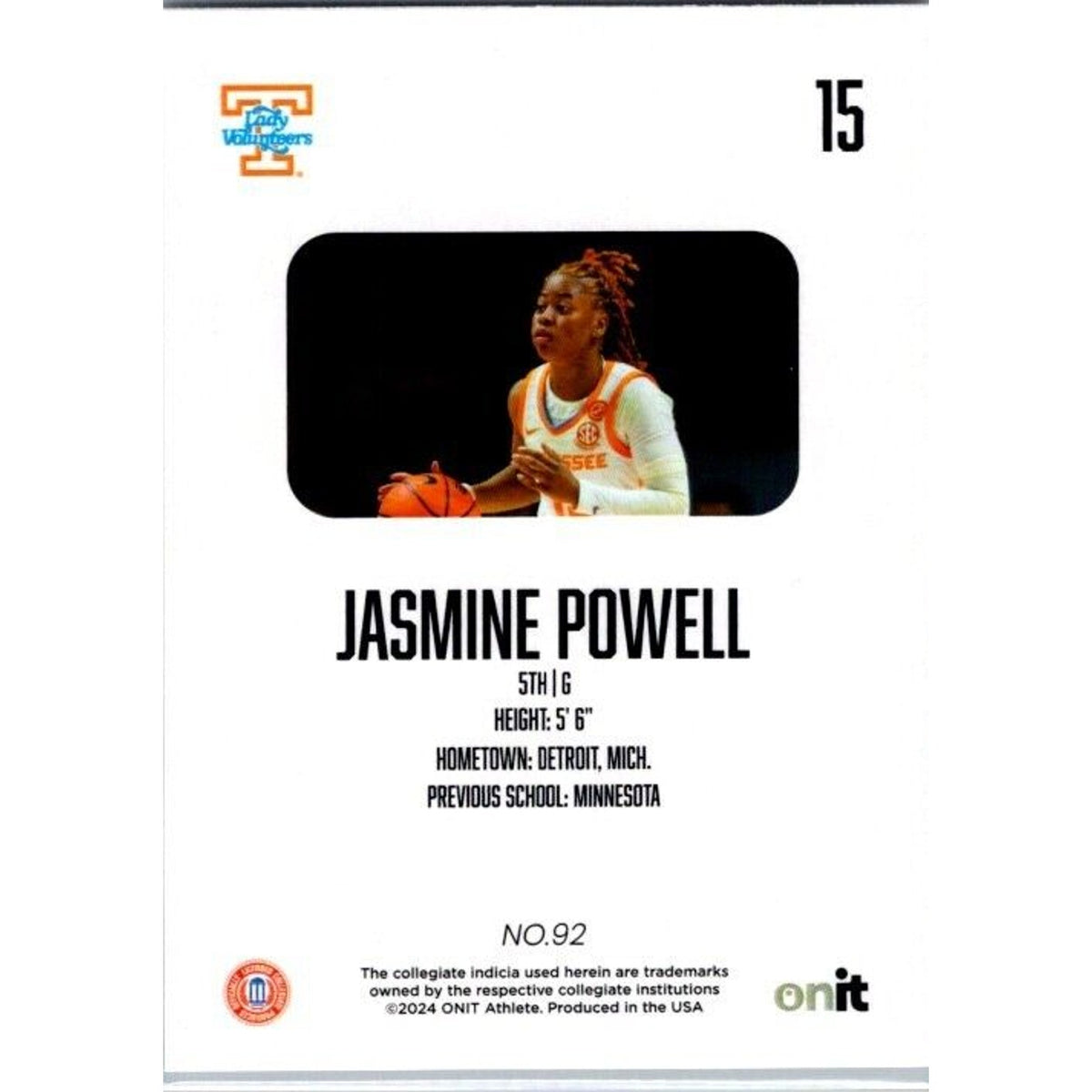 23-24 Onit #92 Jasmine Powell Tennessee Lady Vols Basketball Whiteout /100