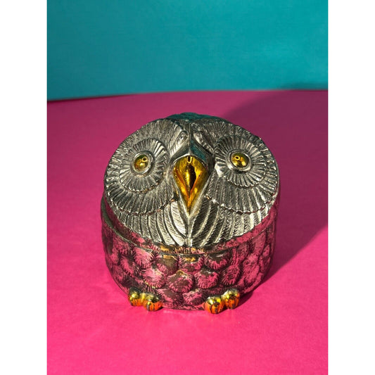 Enesco Vintage Silver & Brass Color Owl Trinket Box Japan Blue Velvet Lining