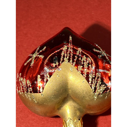 Vintage Blown Glass Red Heart Ornament Trimmed in Gold Glitter Lot of 2