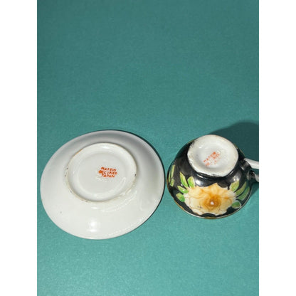 MINIATURE Tea Cup W/Saucer Made in Occupied Japan Handpainted Black / Floral