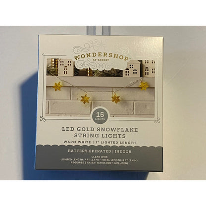 LED Gold Snowflake String Lights Warm White 7' Lighted Length Battery Timer NIB