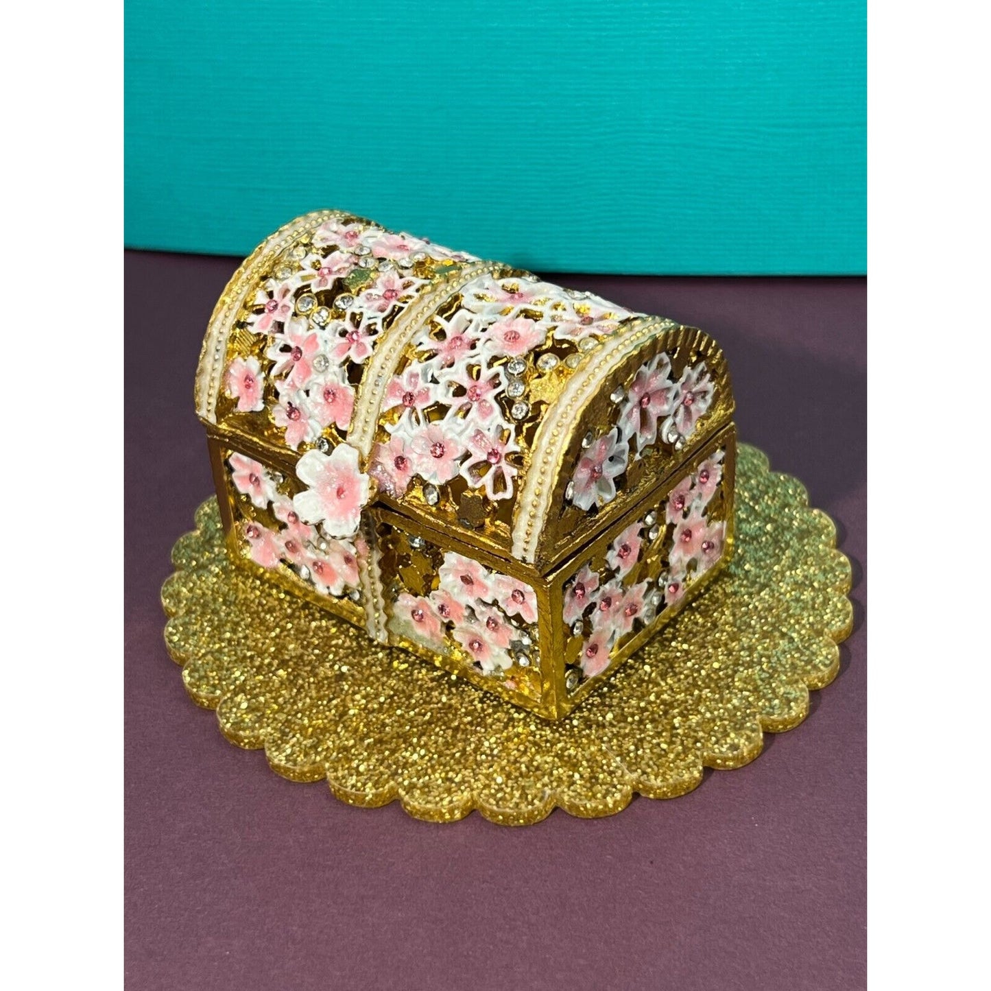 Miniature Trinket Box / Treasure Chest Gold w/ Pink Flowers