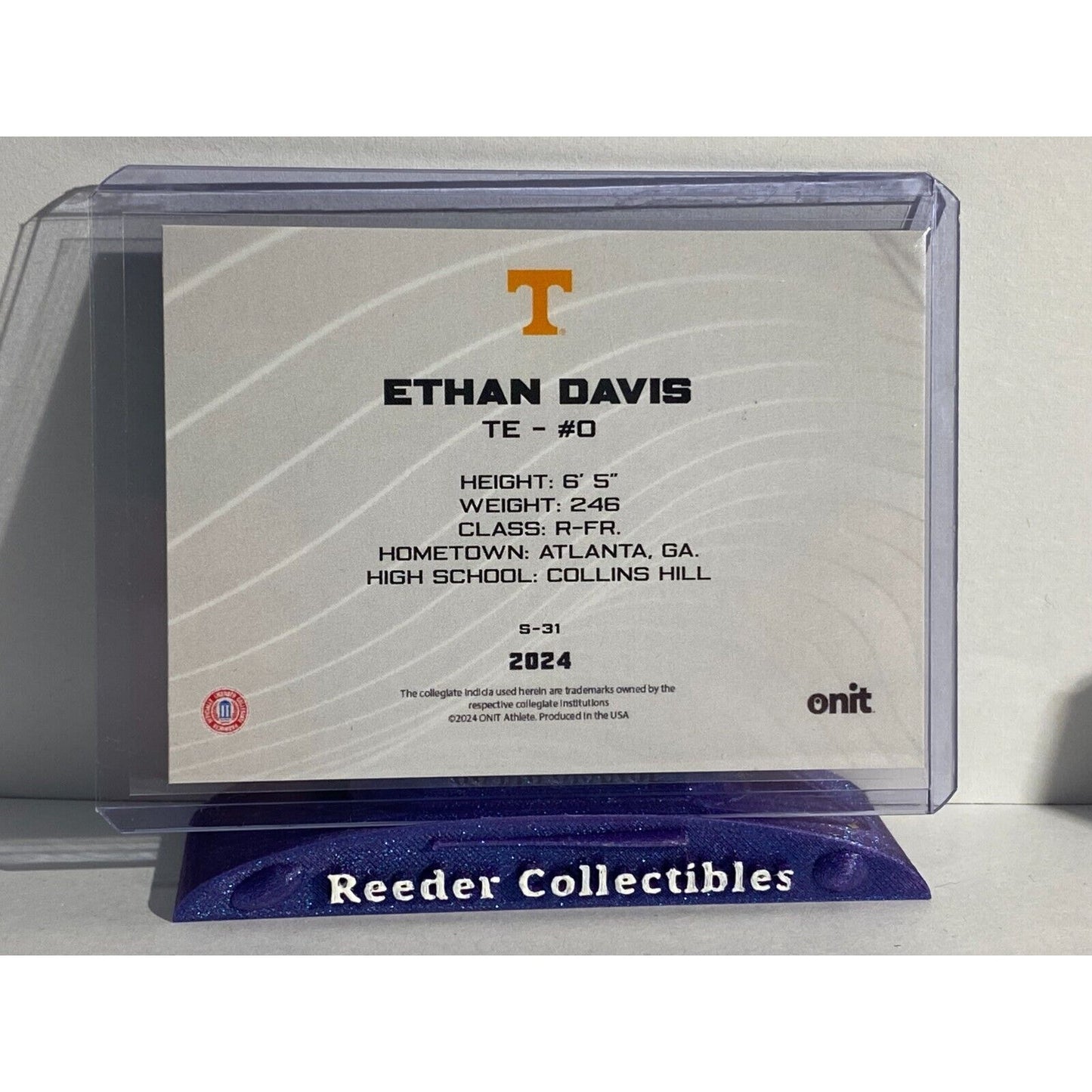 2024 Onit Tennessee Volunteers Football Ethan Davis Auto Signature 39/60