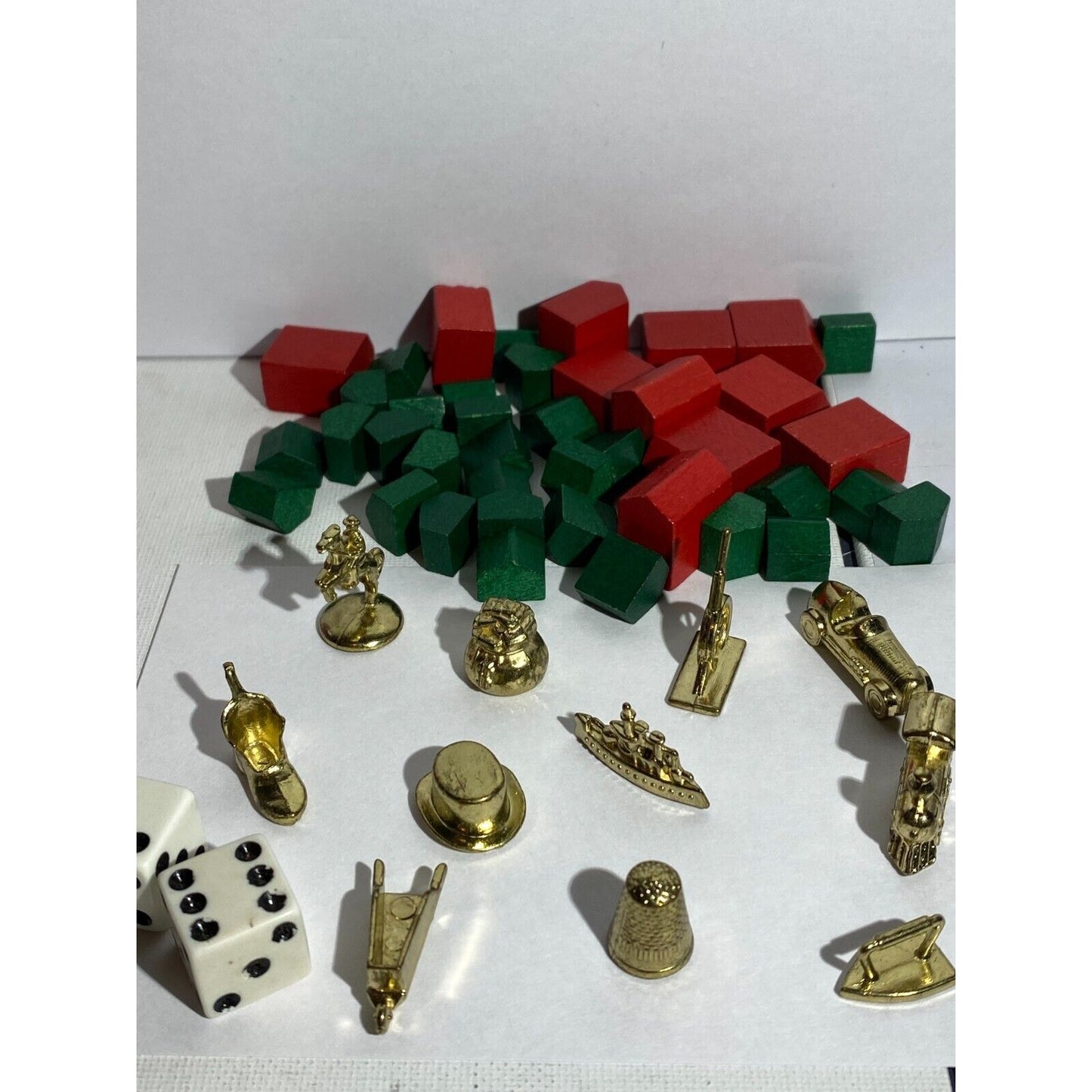 Vintage Monopoly Metal Tokens and Red and Green Wooden Houses Two Dice