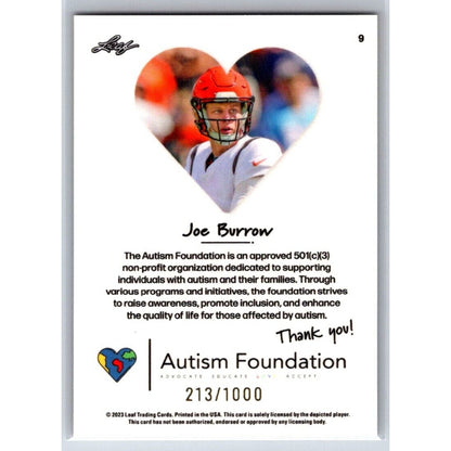 2023 Leaf Autism Foundation #9 Joe Burrow Cincinnati Bengals