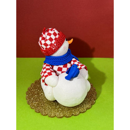 Snowman Winter Figurine with big Snowball and Bluebird Red & White Check Jacket