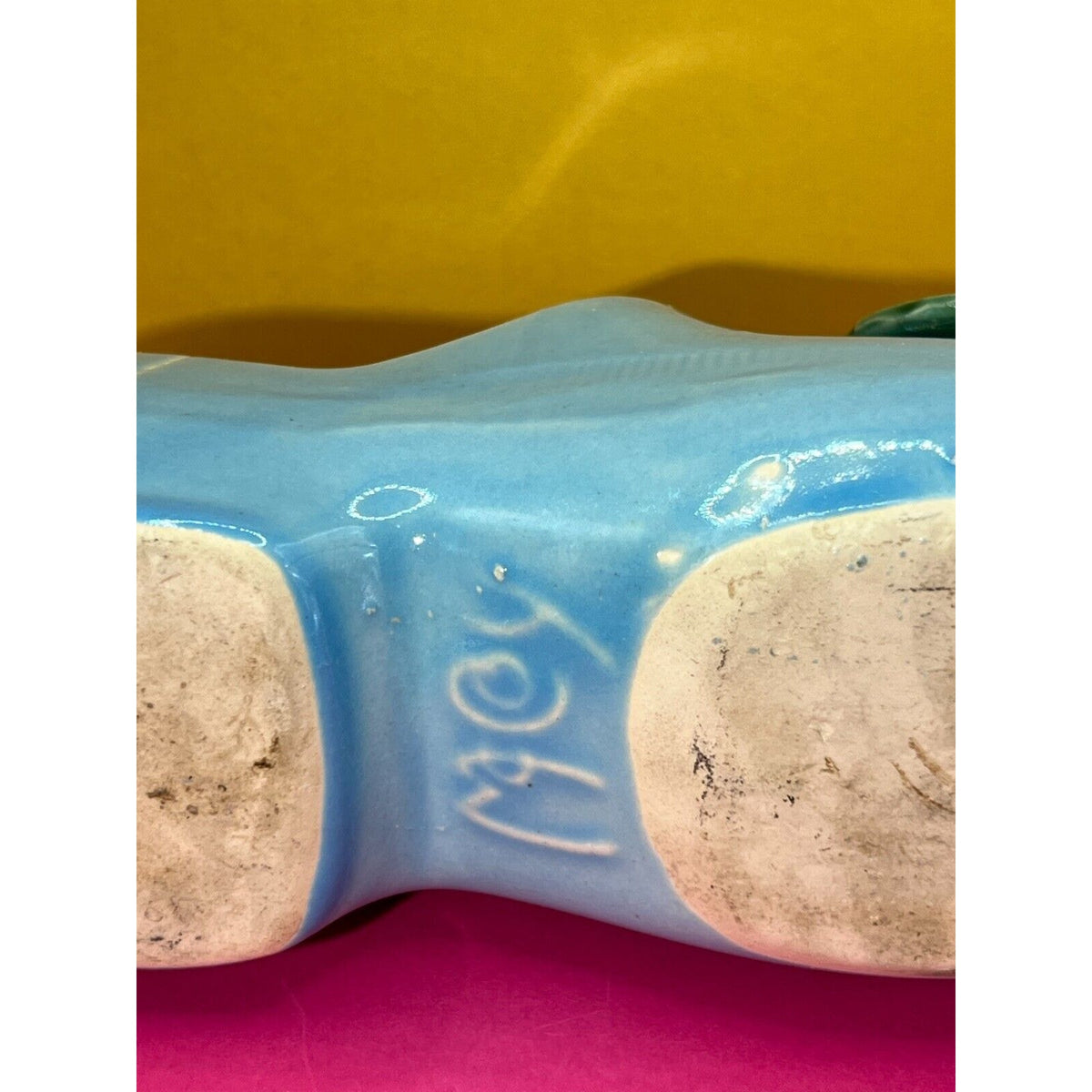 Vintage 1940's McCoy Ceramic Blue Dutch Clog Shoe with Pink Rose Planter Cracked