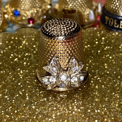 5 Metal Gold Tone Thimbles Mix Sizes Rhinestone Pearl France Limoges