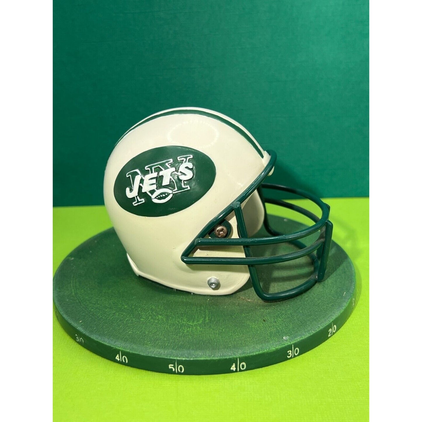 New York Jets Helmet on Round Playing Field Ceramic Metal Faceguard 3.5"h