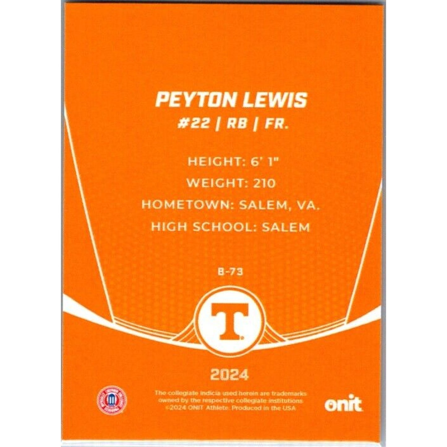 2024 Onit Football #B-73 Peyton Lewis Tennessee Volunteers