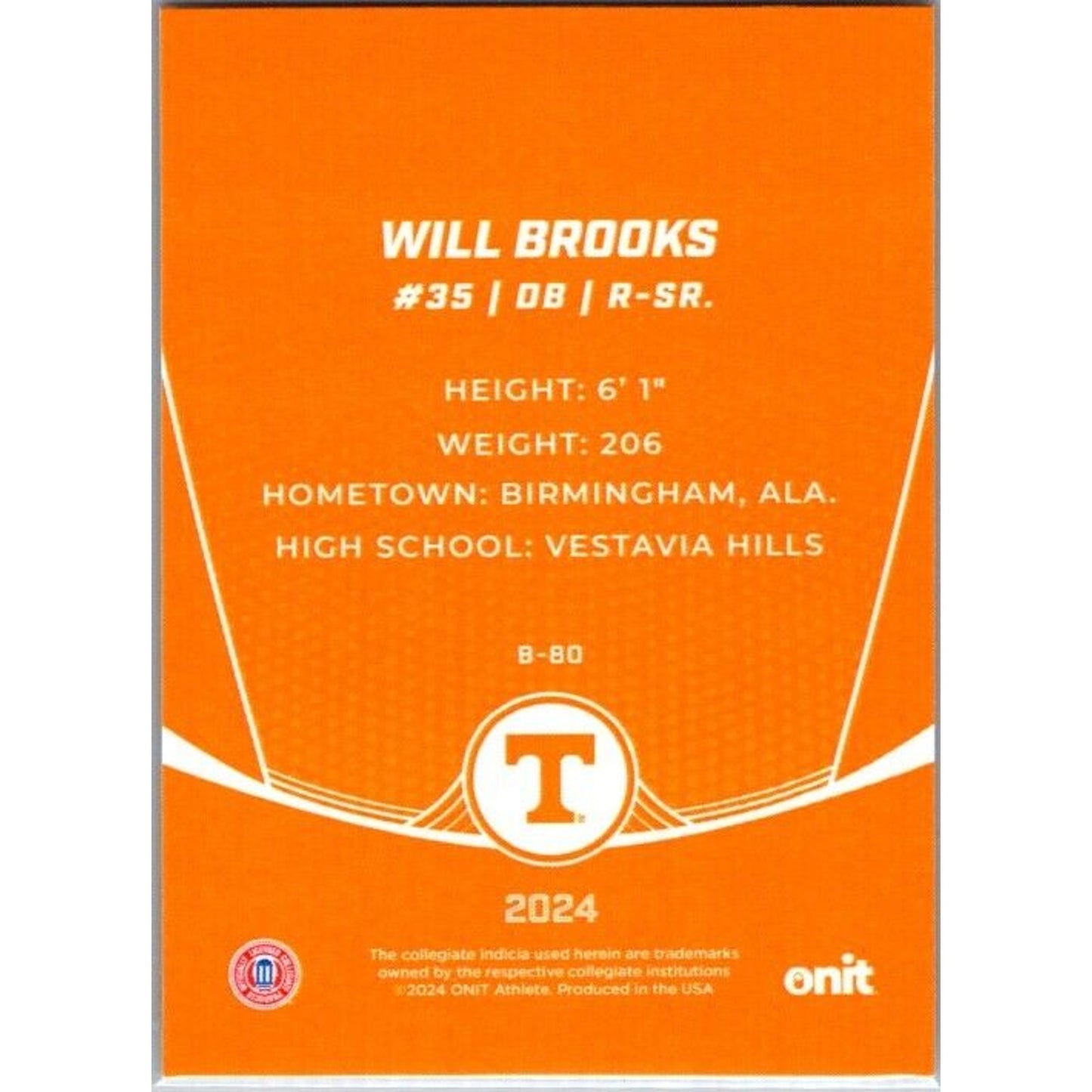 2024 Onit Football #B-80 WIll Brooks Tennessee Volunteers