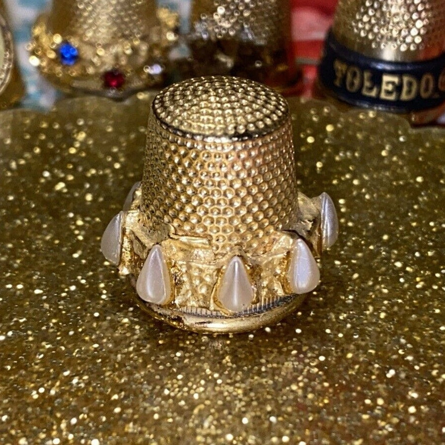 5 Metal Gold Tone Thimbles Mix Sizes Rhinestone Pearl France Limoges