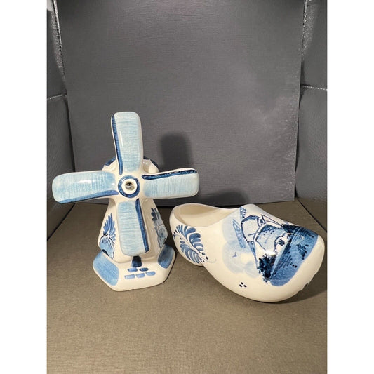 Hand painted Delft Ceramic Windmill & Dutch Shoe Signed Vintage White Blue