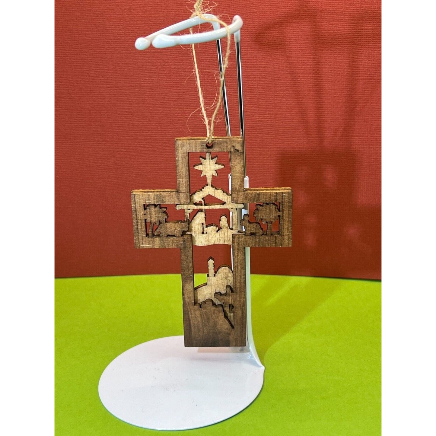 Wooden Nativity Christmas Hanging Cross Ornament AC1589