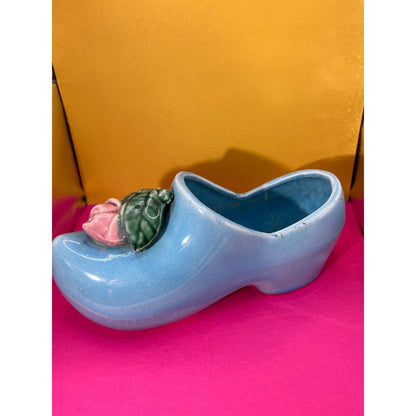 Vintage 1940's McCoy Ceramic Blue Dutch Clog Shoe with Pink Rose Planter Cracked