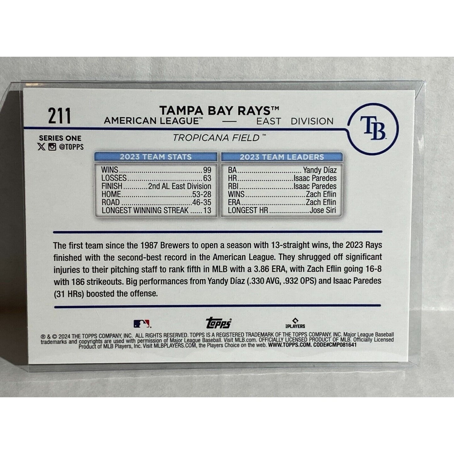 2024 Topps Series 1 Tampa Bay Rays Team Card Easter Egg Holiday Foil #211 MINT