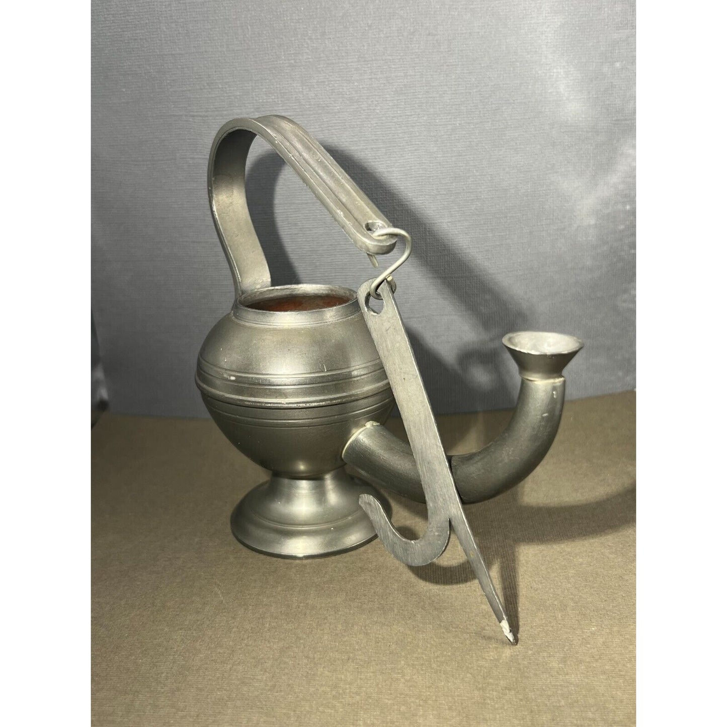 Unmarked Pewter Oil Lamp (missing lid) 4" long 3" tall plus the handle