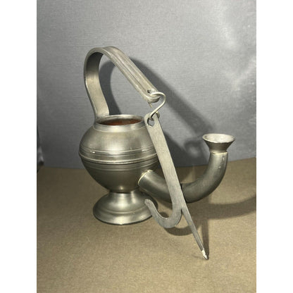 Unmarked Pewter Oil Lamp (missing lid) 4" long 3" tall plus the handle