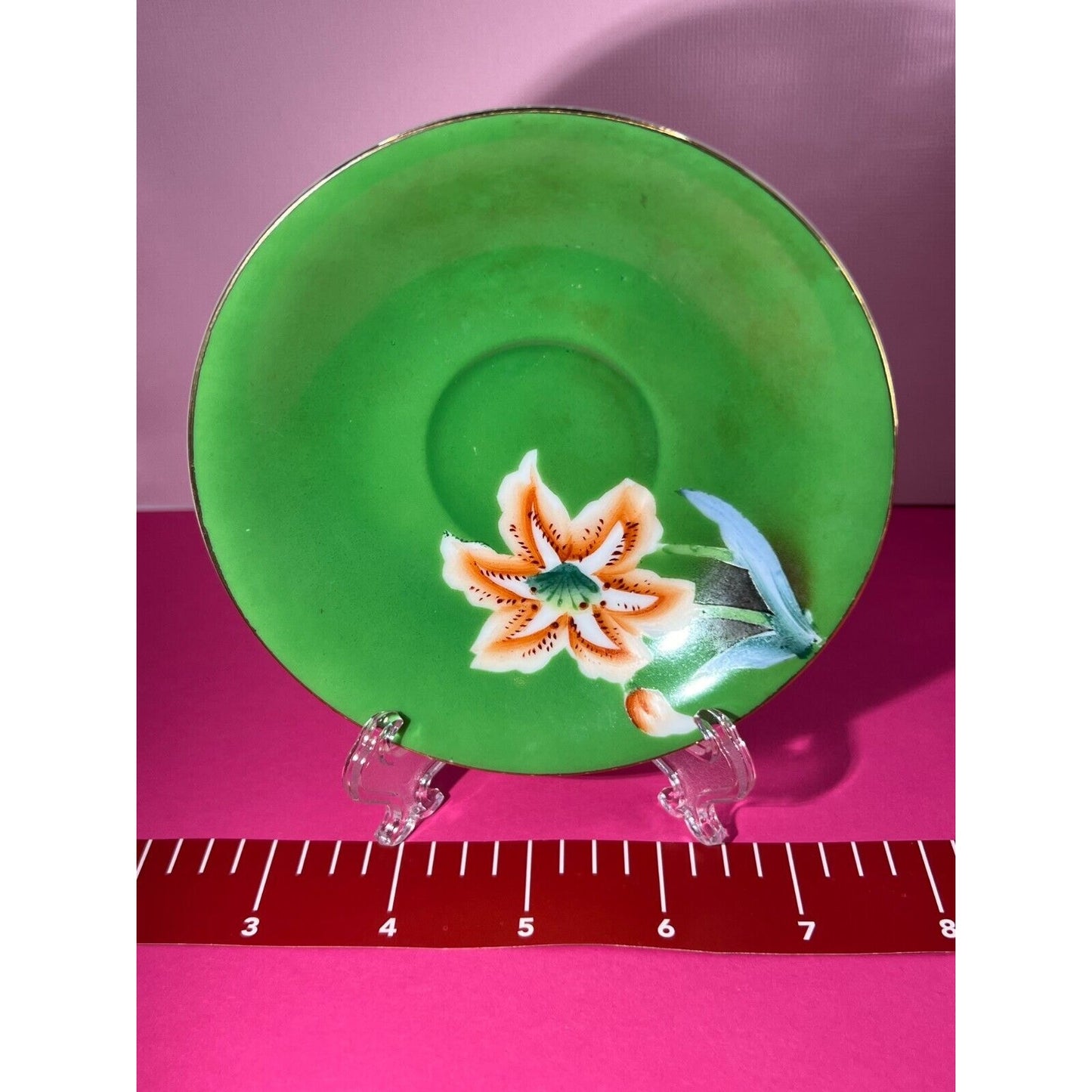 Gold China Handpainted Made in Occupied Japan Green w/ Flower 4.75" Saucer Plate