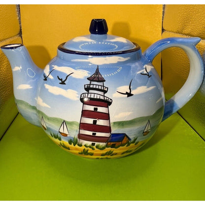 2004 TMD Nautical lighthouse & Sailboats & Seagull's Scene teapot VTG *Read Desc