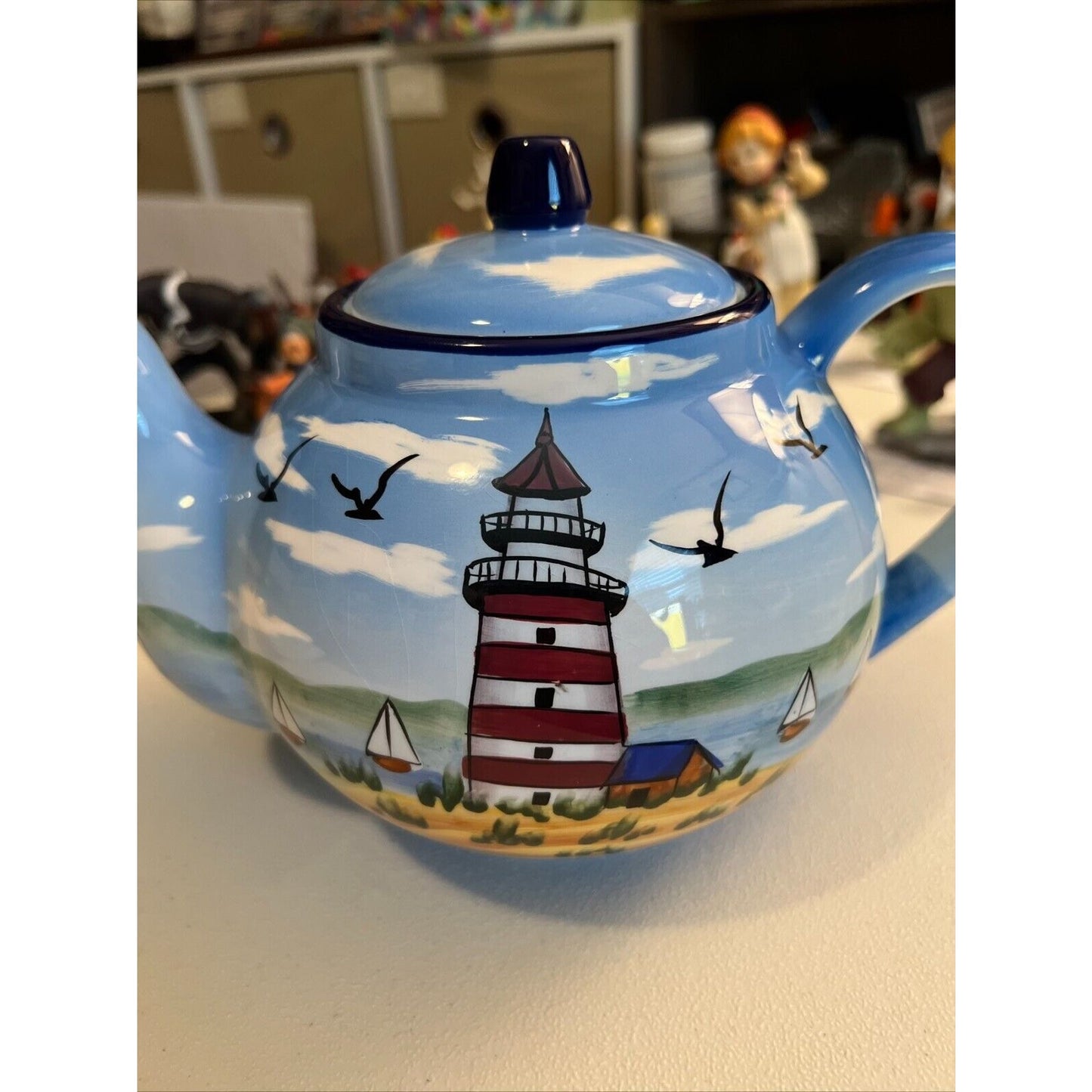 2004 TMD Nautical lighthouse & Sailboats & Seagull's Scene teapot VTG *Read Desc