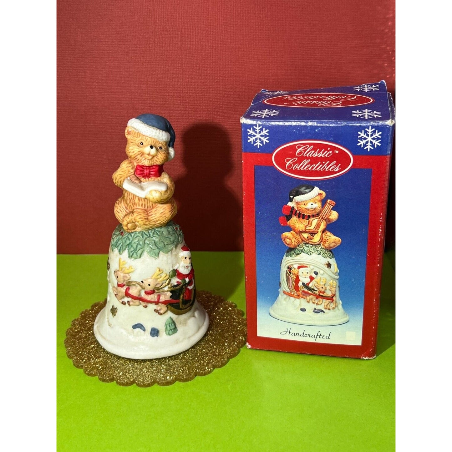 Hand Painted Bisque Porcelain Bell Santa Sleigh Bear Cub holding Book w/ box