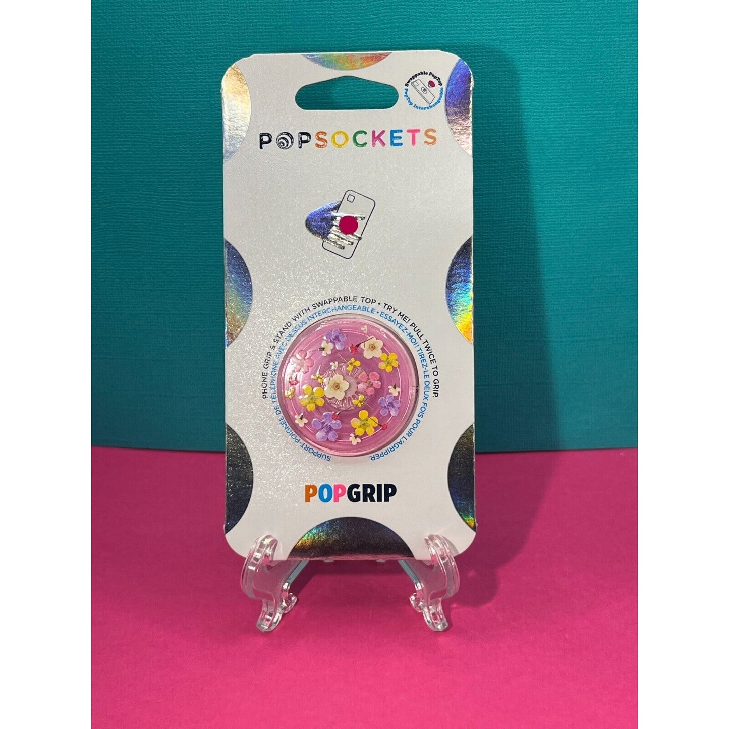 PopSockets PopGrip Swappable Top Phone Grip Stand Transparent Pink Ditsy Floral