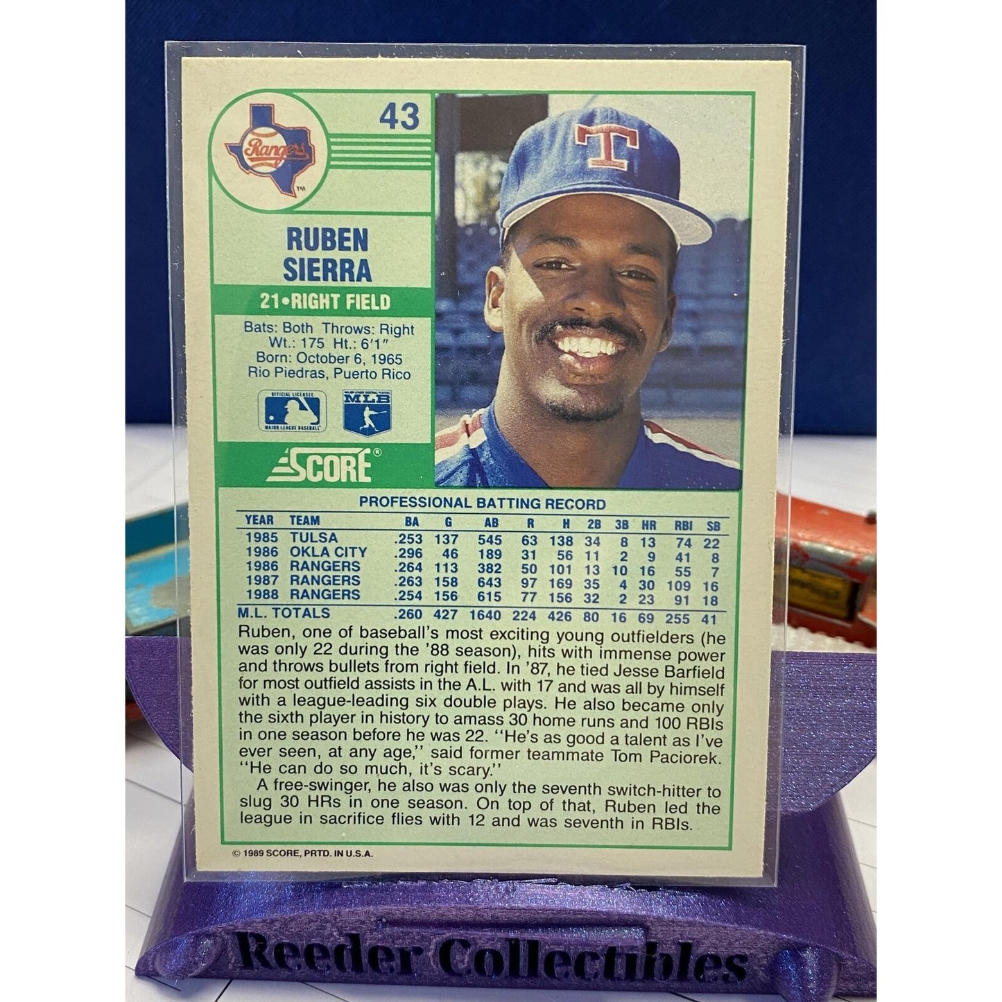 1989 Score #43 Ruben Sierra Texas Rangers