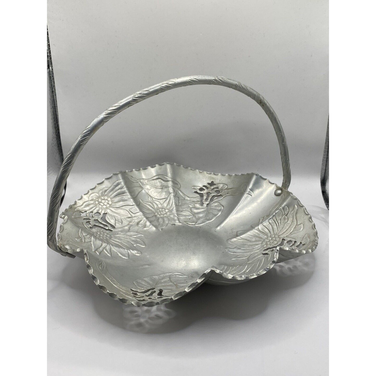 Candy Dish with Handle Silver Metal Floral Print 7-1/4" Round