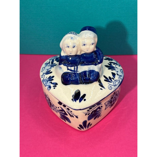 Delft Blue & White Dutch Boy & Girl Ceramic Trinket Box