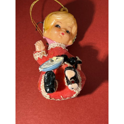 Vintage LITTLE MISS MUFFET Flocked Pixie Face Christmas Ornament Nursery Rhyme