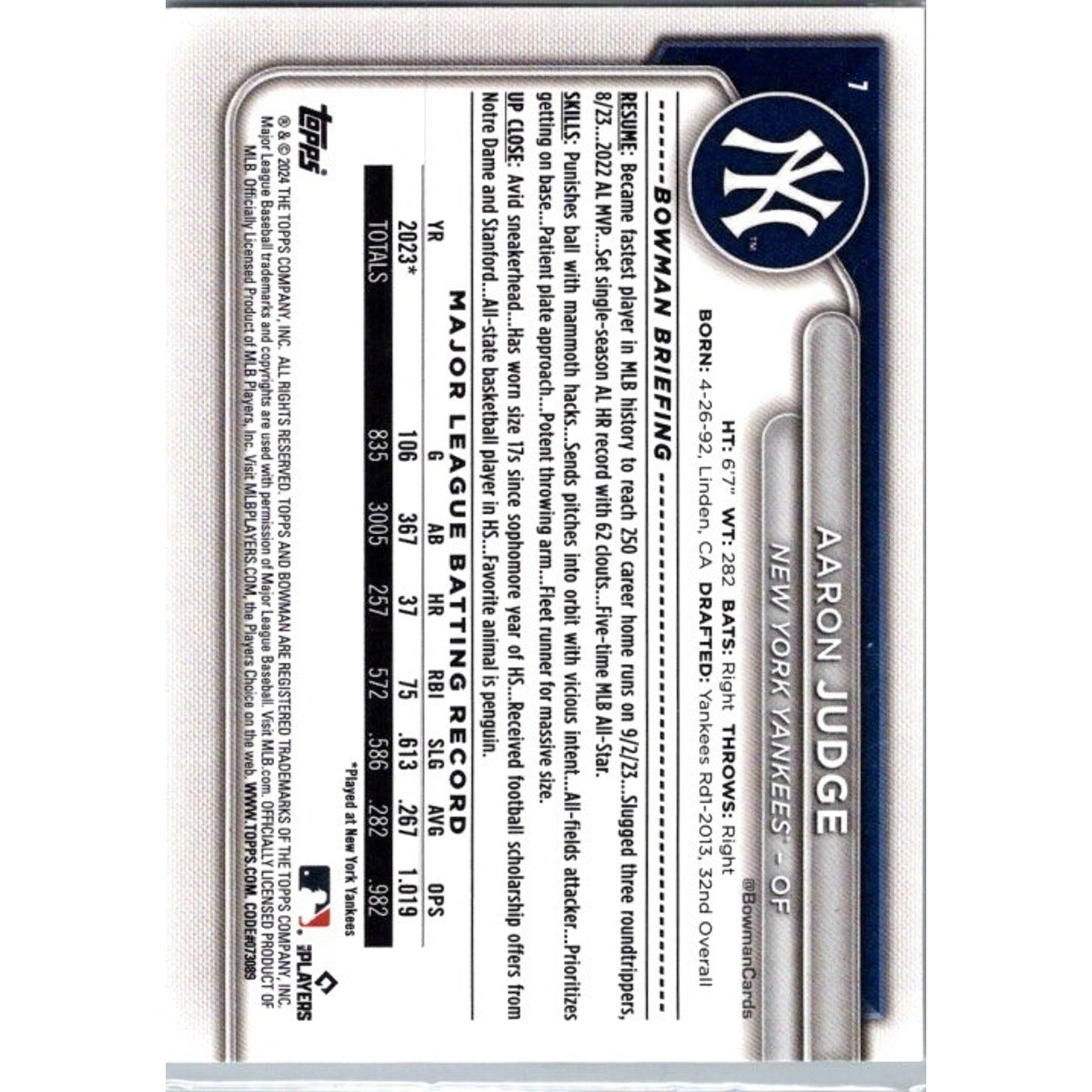 Aaron Judge 2024 Bowman #7 New York Yankees