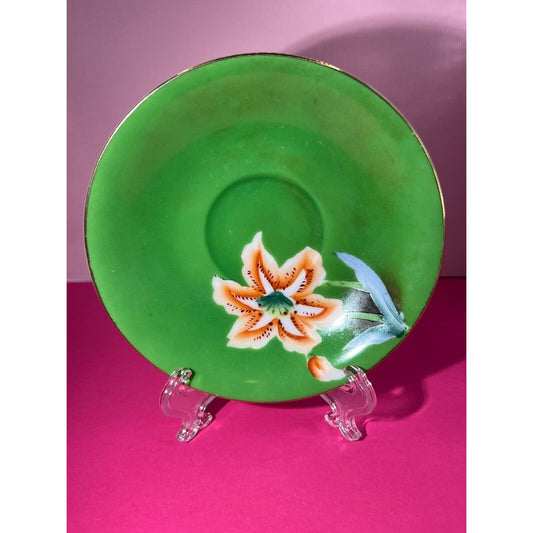 Gold China Handpainted Made in Occupied Japan Green w/ Flower 4.75" Saucer Plate