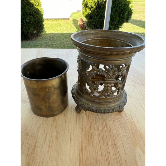 Vintage Victorian Cast Metal Brush Pot Pencil Holder Vase Candle Holder