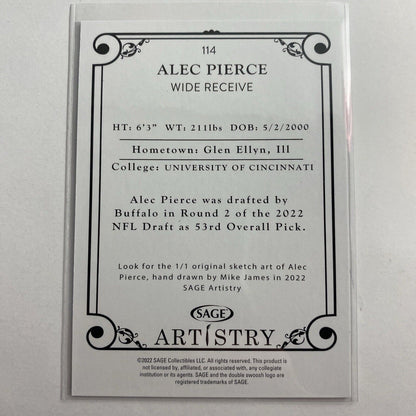 Alec Pierce 2022 Sage Artistry 114 Black Cincinnati Bearcats Buffalo Bills