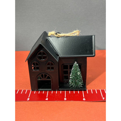 Metal House w/ Bottle Brush Tree Christmas Ornament Twine Hanger Cabin