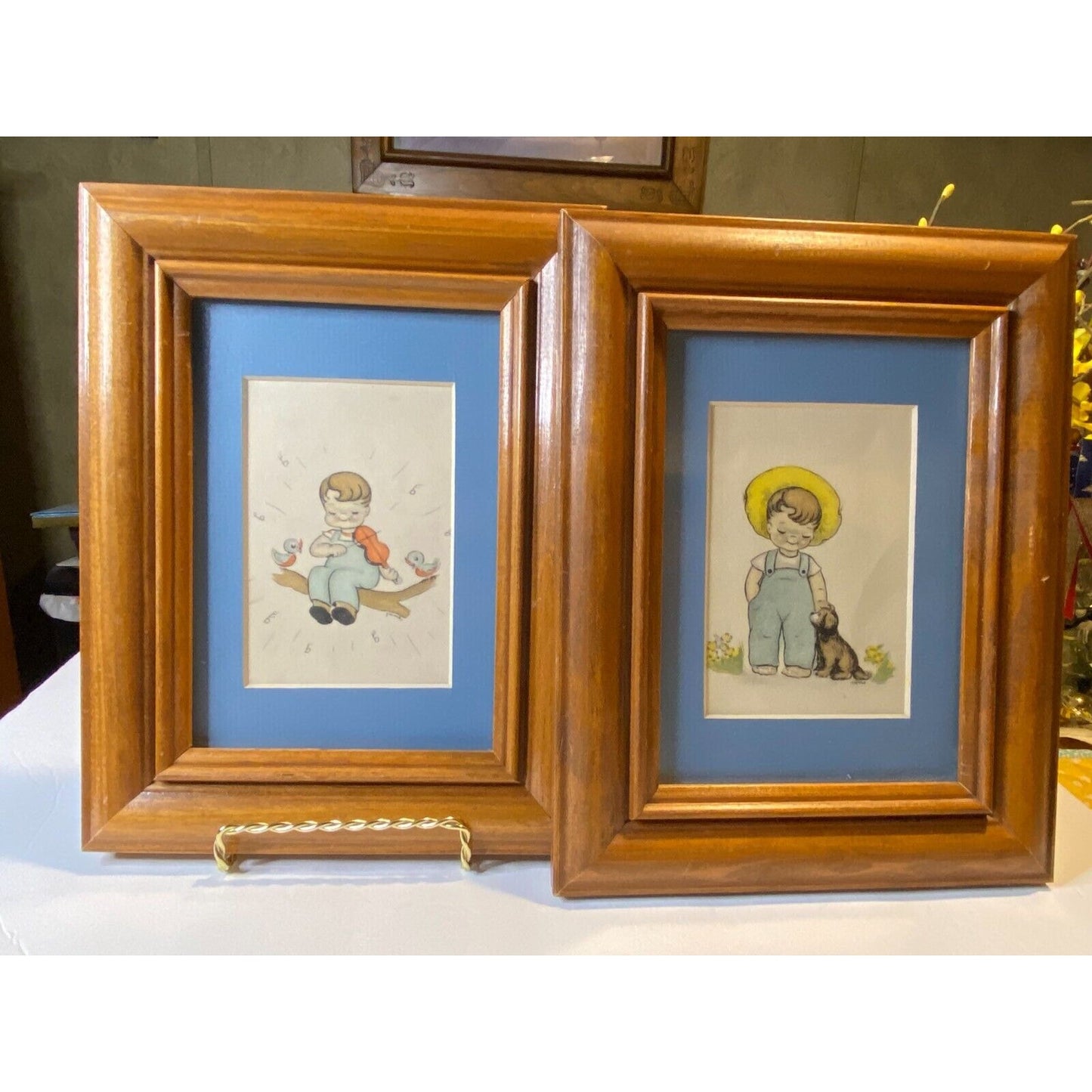 1950s Lambert Pictures Pair Wood Framed Glass Front