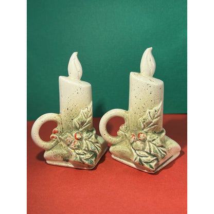 Vintage Ceramic Christmas Candle Stick Salt and Pepper Shakers 4" tall 2"x2"base