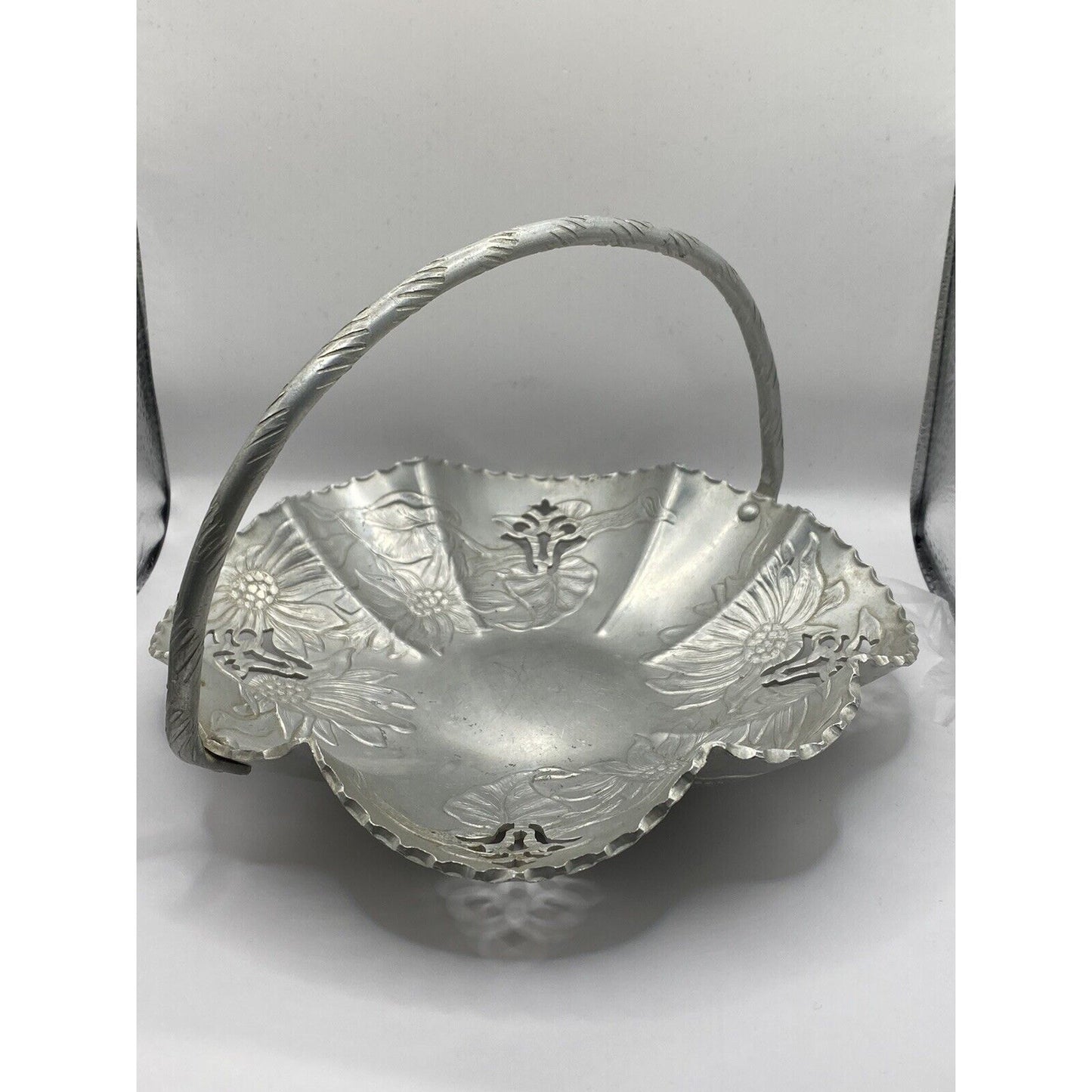 Candy Dish with Handle Silver Metal Floral Print 7-1/4" Round