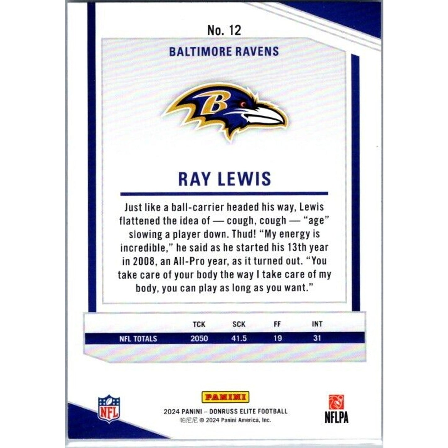 2024 Donruss Elite #12 Ray Lewis Baltimore Ravens