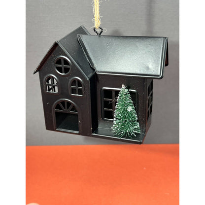 Metal House w/ Bottle Brush Tree Christmas Ornament Twine Hanger Cabin