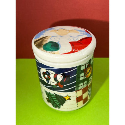 VTG Merry Brite Santa Snowman Christmas Porcelain Lidded Canister Jar