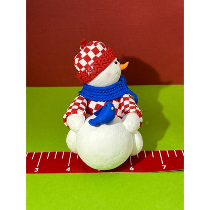 Snowman Winter Figurine with big Snowball and Bluebird Red & White Check Jacket