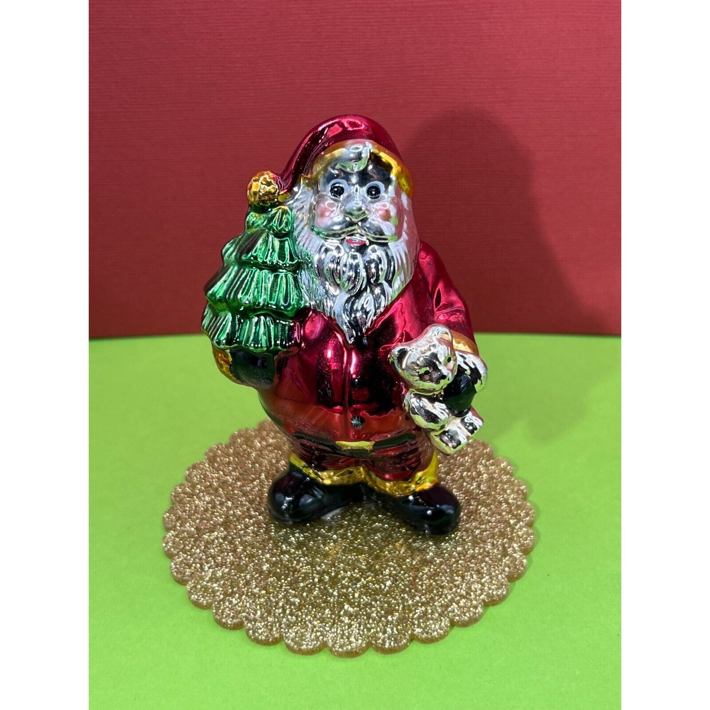 Santa With Tree & Teddy Bear Figurine Vintage Some Wear