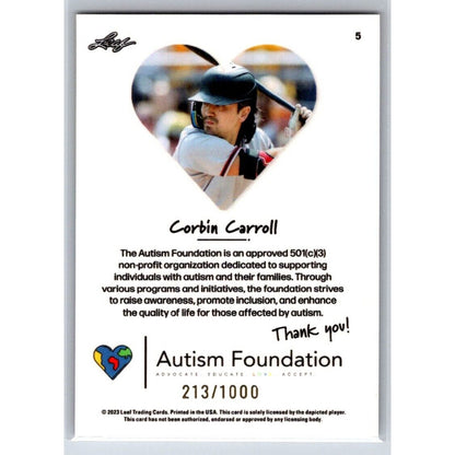 2023 Leaf Autism Foundation #5 Corbin Carroll Arizona Diamondbacks